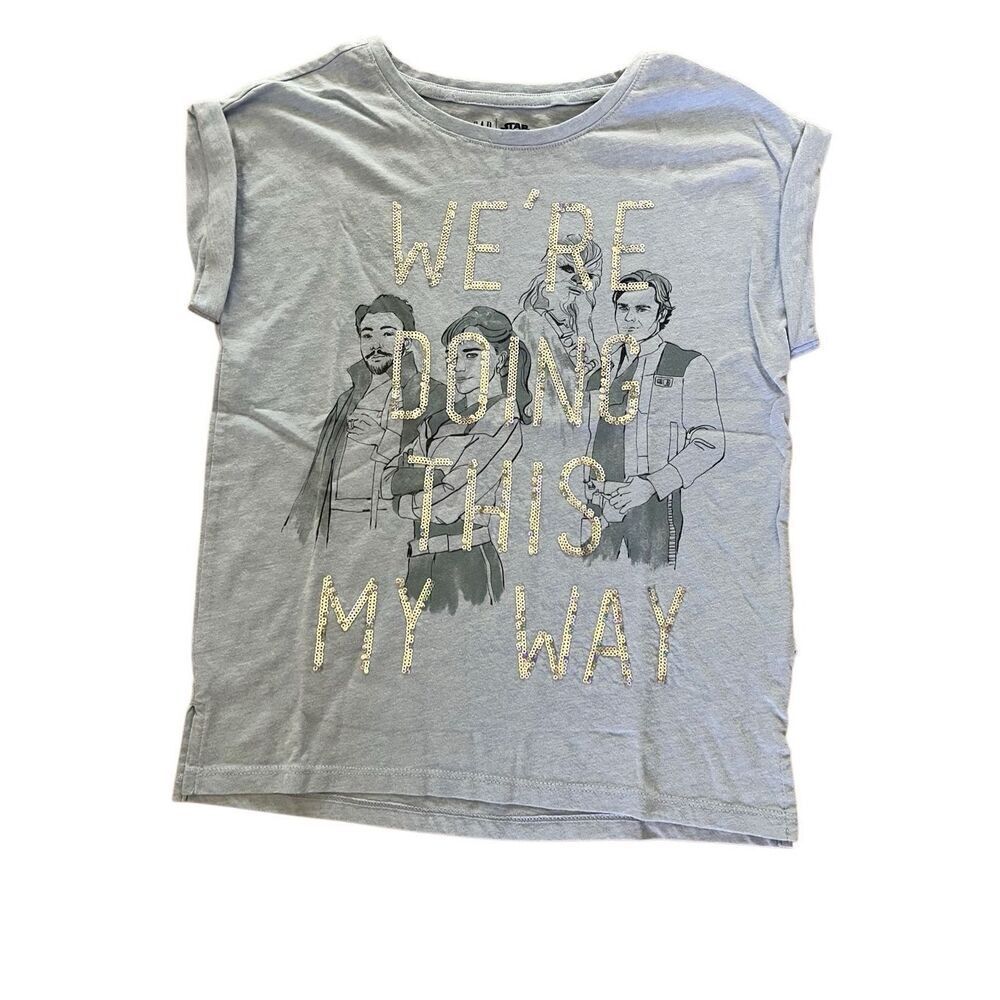 Gap x Star Wars Blue Sequin We’re Doing This My Way Graphic T Shirt Girls L RARE